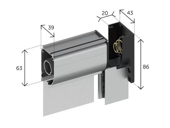 Redisia - primed zanzariera kitver dimensioni testata cassonetto 40mm.jpg Ingombro cassonetto 40 mm, zanzariera avvolgente verticale per finestra